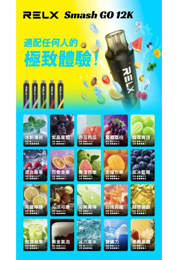 RELX悅刻 Smash Go 12000口拋棄式電子煙｜12000口超大容量設計呈現持久飽滿霧感｜追求免補油極致便利的懶人玩家首選